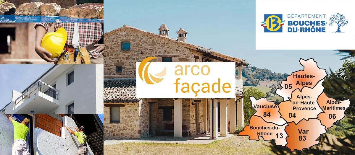 logo arco facade avec 4 services représentés : isolation ITE, ravalement facade, renovation maiso,, faux rochers articiels