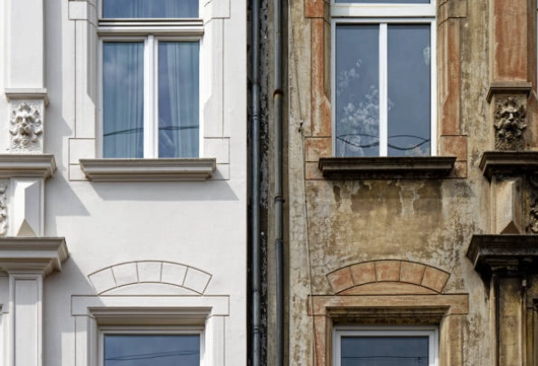 2 bâtiments accolés : façade rénovée et ancienn
