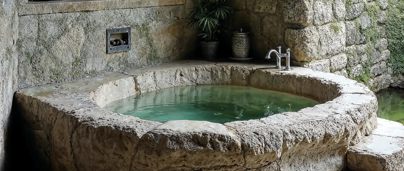 bassin avec robinet sculté dans un rocher artificiel ayant la même teinte que la pierre sur le mur
